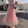 Apricot Irregular Mesh Fishtail Midi Skirt - European Style Elastic High Waist Pleated Fairy Skirt for Women, Spring/Summer