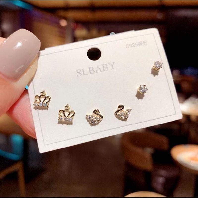 S925 Silver Asymmetric Swan & Snowflake Cat's Eye Earrings for Women