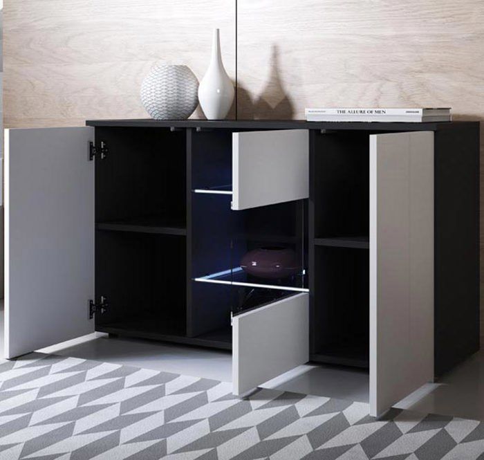 Buffet Bahut 3 portes 2 étagères vitrine LED | 120 x 72 x 40 cm | Couleur Noir et Blanc Finition Brillante | Rangement | LUKE A2