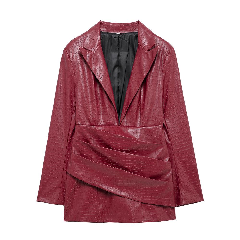 

2025 Spring Women s Slim Deep V-Neck Pleated Leather Dress L