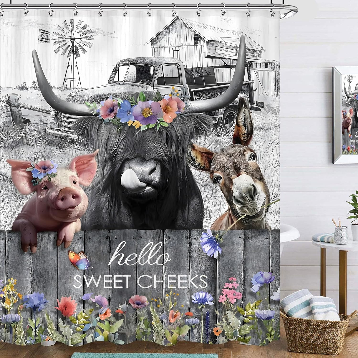 Farmhouse Pig Highland Cow Donkey Shower Curtain 60Wx72L Inch Funny Cute Animal Country Rustic Wooden Hello Sweet Cheeks Planks 90x180cm