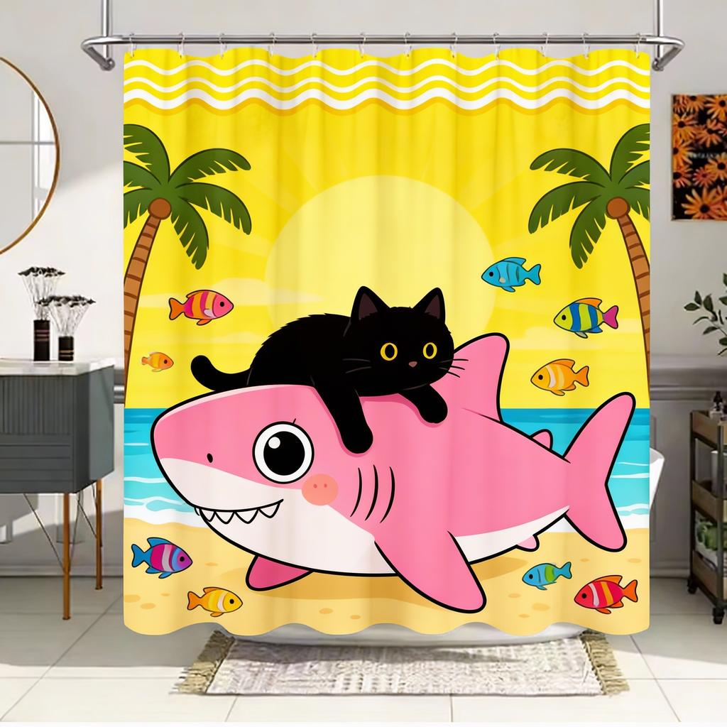 Unique Cat Riding Shark Shower Curtain - Waterproof, Mildew-Resistant With Ocean Adventure Design For A Quirky And Fun Bathroom