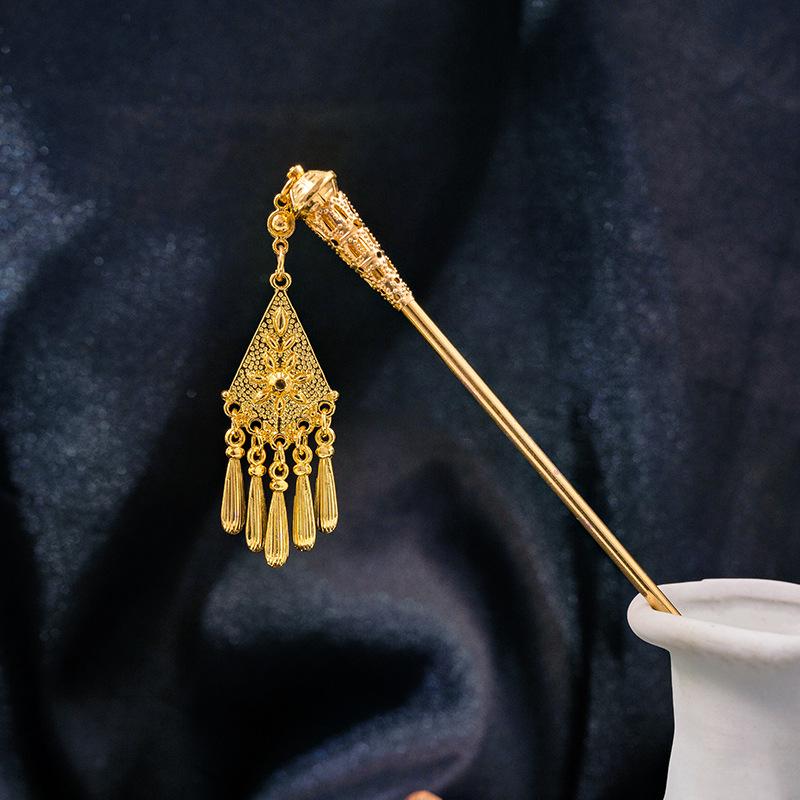 Chinese Geometric Hollow Tassel Hairpin, Ethnic Style Water Drop Leaf Hanfu Accessory for Women