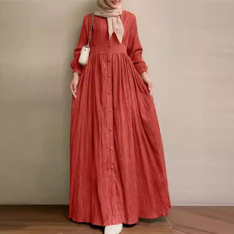 2024 Retro Puff Sleeve Dress: Elegant Solid Color Muslim Women's Clothing for Spring and Autumn