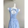 Summer blue sleeveless unique and beautiful waist pinch dress women's summer temperament lace splicing hollow dress