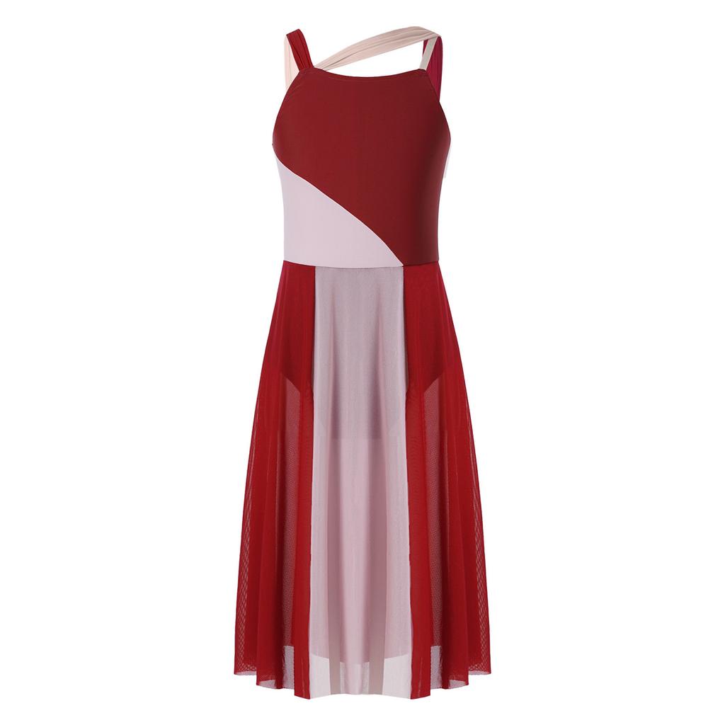 Kids Girls Mesh Overlay Ballet Contemporary Dance Dress Lyrical Leotard Costume Sleeveless Dresses