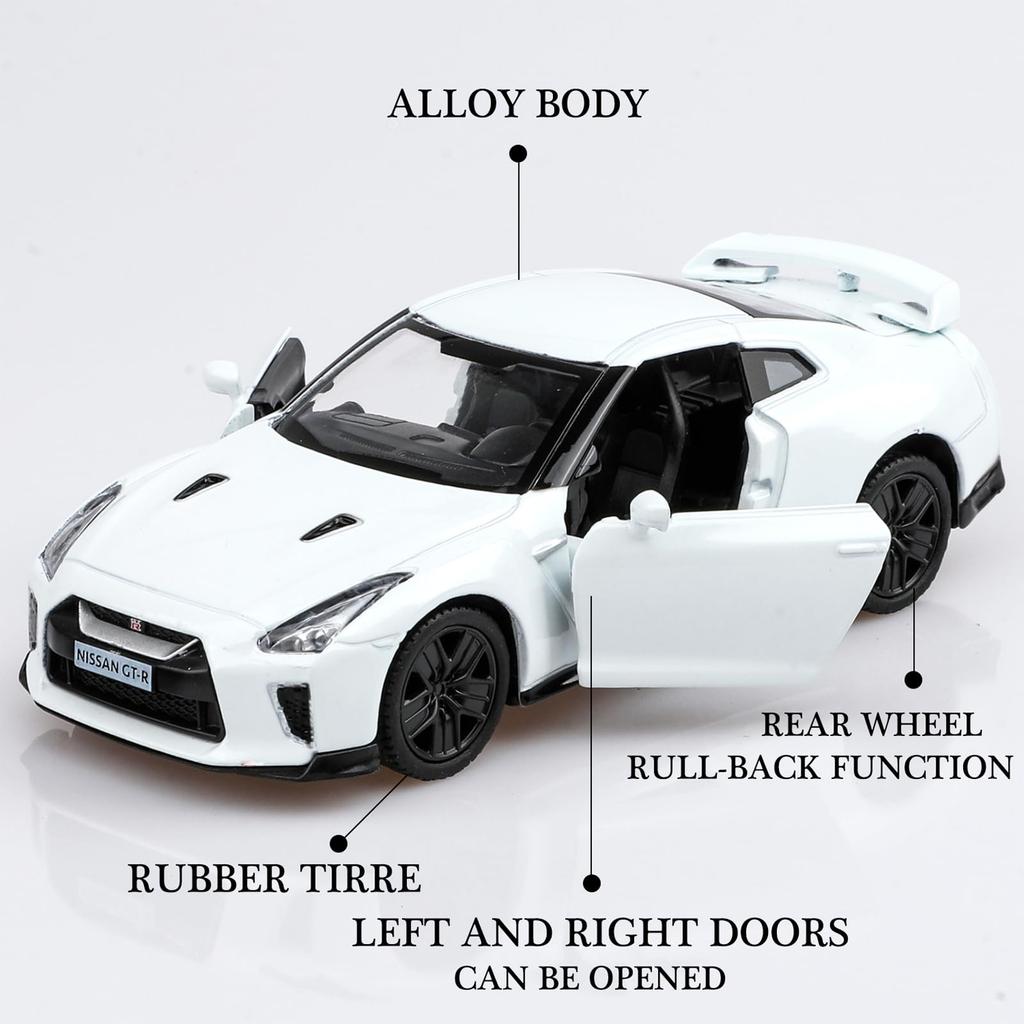 TOKAXI 1/36 Scale Nissan GTR R35 Diecast Model Car, Pull-Back Model, Nissan GTR Toy Car, Gift for Boys and Girls, White