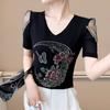 New European V-Neck Women Bling Flower Butterfly T-Shirt Streetwear Hot Diamonds Tees Summer Short Sleeve Slim Tops