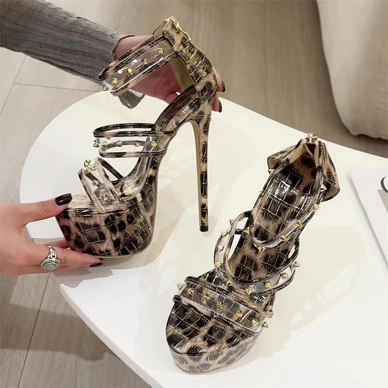 Eilyken New Design Leopard Print Super Thin High Heels Platform Woman Sandals Elegant Rivet PVC Transparent Party Prom Shoes