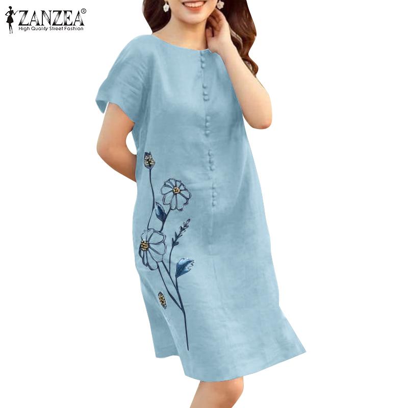 

ZANZEA Женское повседневное платье с круглым вырезом и коротким рукавом с цветочной вышивкой