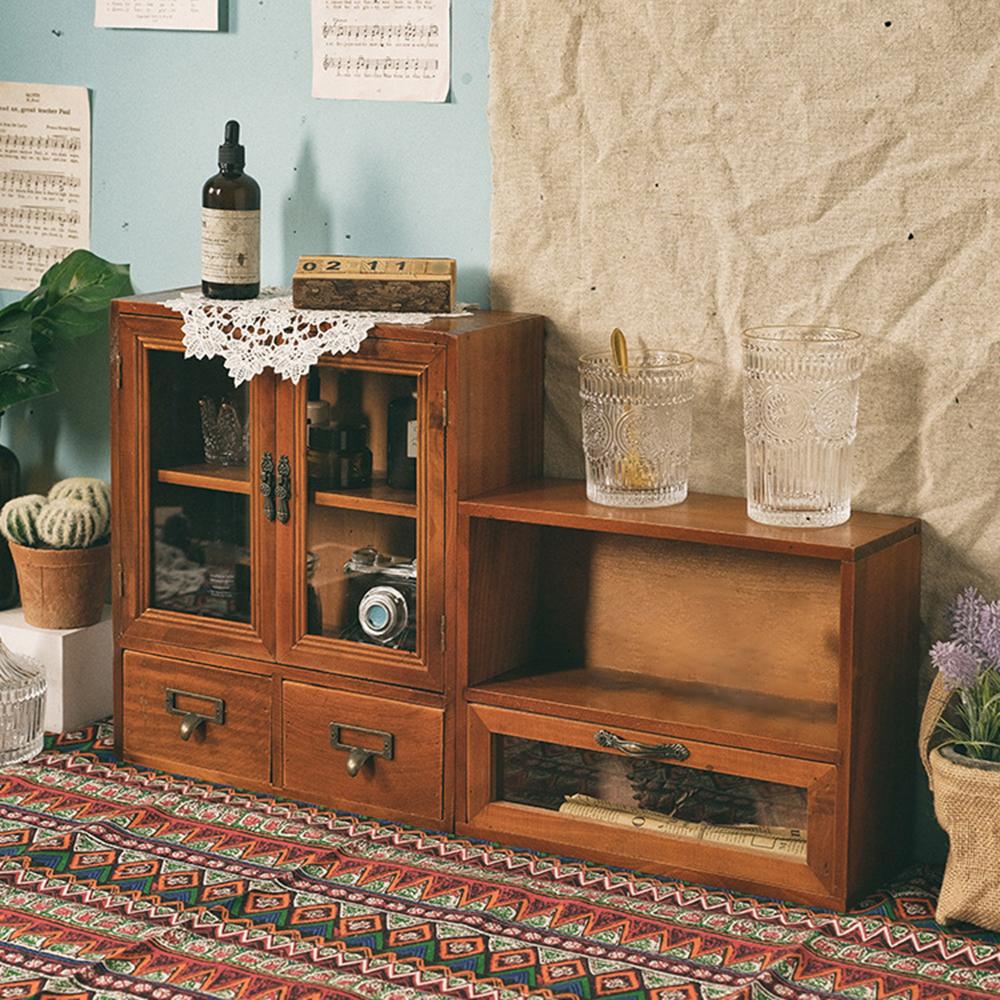 1PC Solid Wood Vintage Double Door Display Cabinet Sundry Cosmetics Drawer Wooden Desktop Storage Box