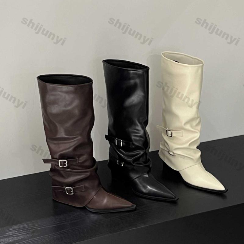 Fashion Woman Pointed Knee Belt Buckle High Boots Women Autumn Winter Fashion Chunky Heel Thigh-high Boots Trend Leather Chelsea Botas