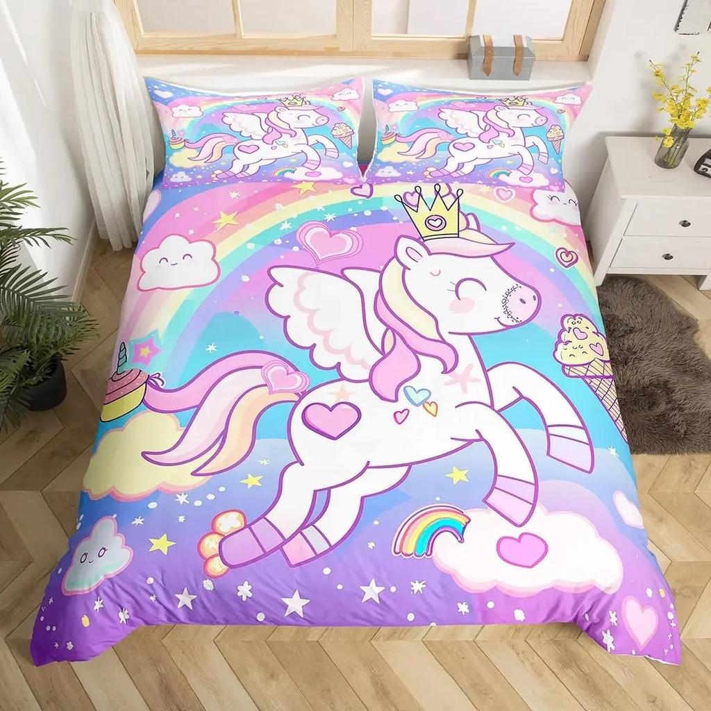 Unicorn Bedding Set Kids Purple Space Galaxy Duvet Cover Microfiber Quilt Cover Girly Cartoon Comforter Cover and 2 Pillowcases