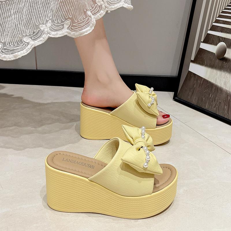 Fashion 9.5CM Flip Flops House Slippers Platform Shoes Woman 2025 Pull On Wedge Heeled Mules Low Hawaiian New High Slides Butterfly-knot