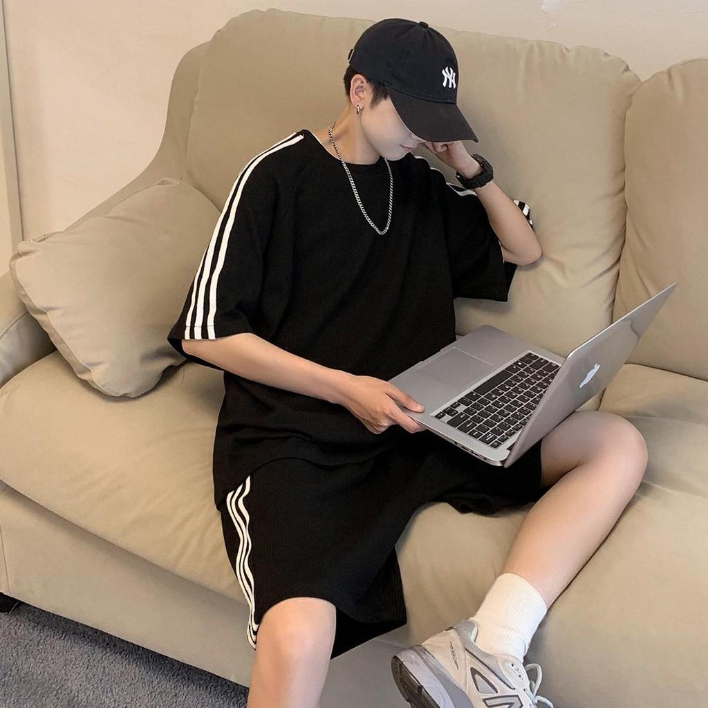 Hong Kong Style Summer Couple's Striped T-Shirt Set - Unisex, Short Sleeve, Large Size