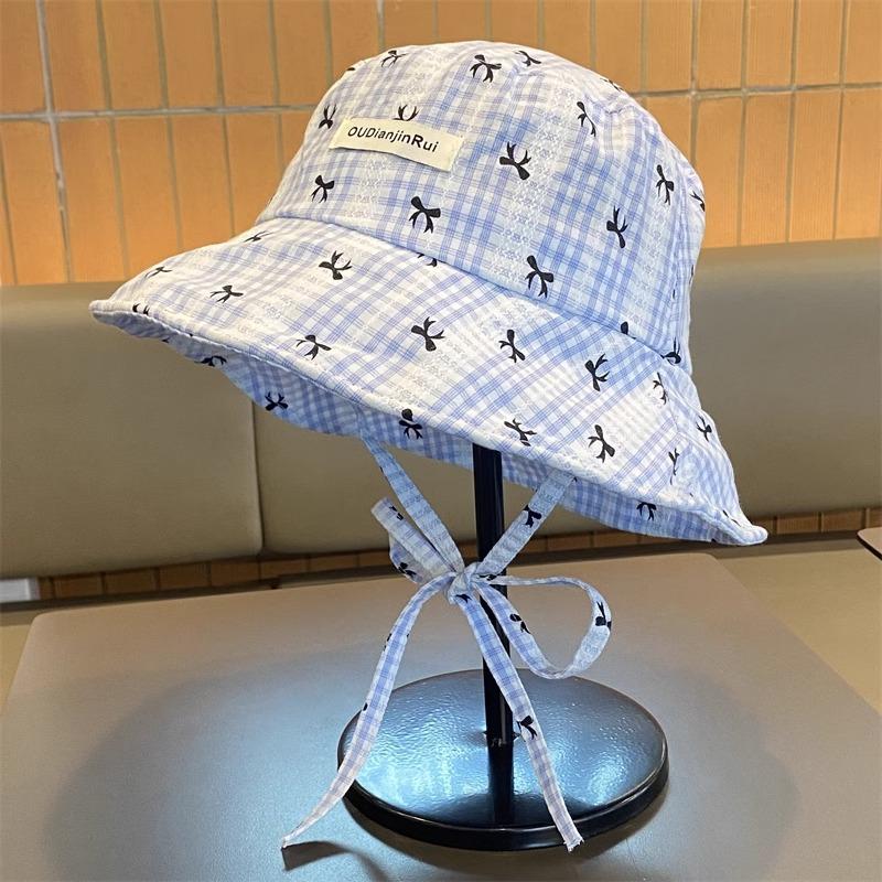 Summer Korean Version of Versatile Literary Bow Plaid Fisherman Hat Women's Tether Sun Protection Hat Showing Face Small Basin Hat