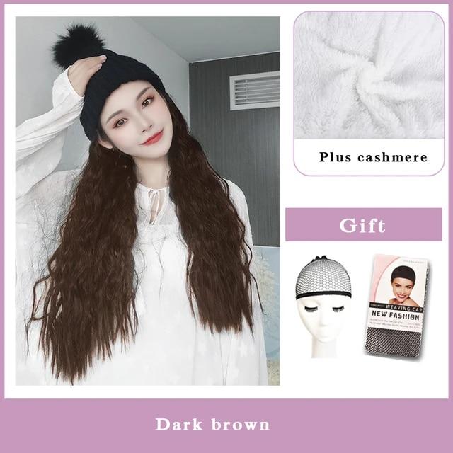 Wig Female Long Hair with Hat Wig One Female Summer Natural Full Head Style Fashion Net Red Trend Long Curly Hair