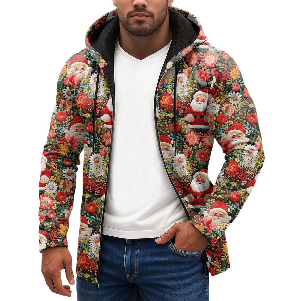 Christmas Print - Men's Casual Long-Sleeved Zippered Hooded Sweatshirt Jacket
