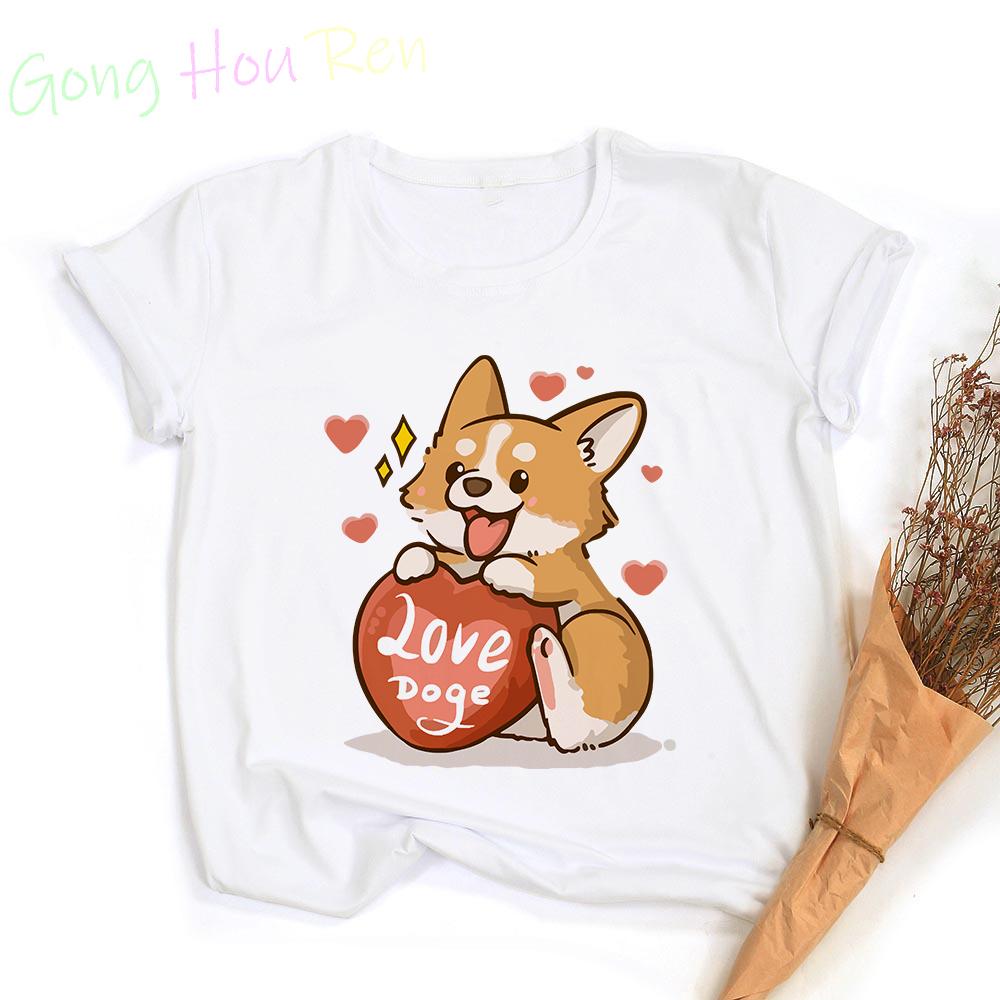 Kawaii Corgi T-shirt Woman Clothing Funny Animal Print Graphic T Shirts Tops Casual Harajuku  Women's Sumer Clothes Short Sleeve