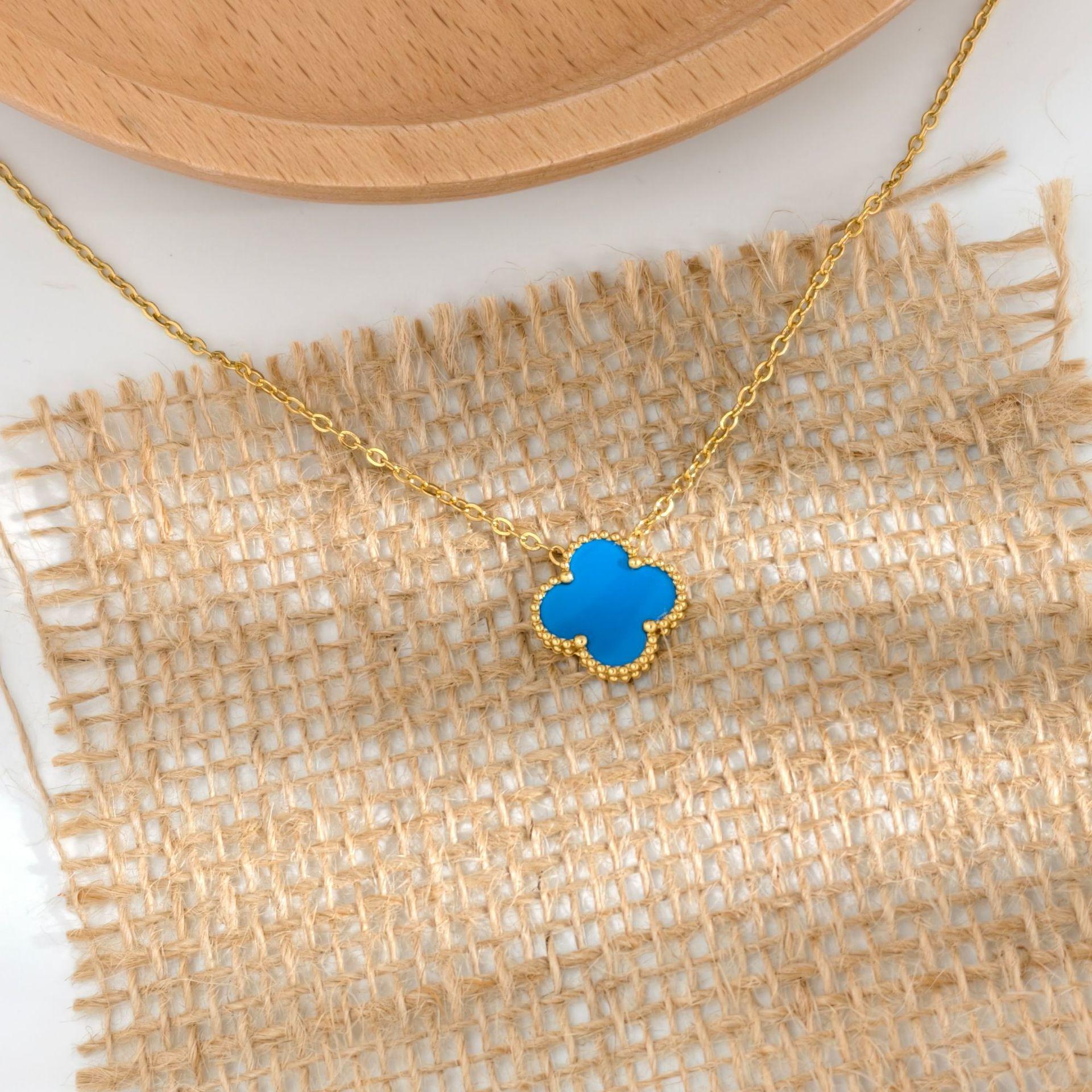 

15 мм Новое двухстороннее ожерелье с подвеской в виде четырехлистного клевера на удачу, цепочка на ключицу, женское ожерелье из высококачественного 18-каратного золота 18K синий