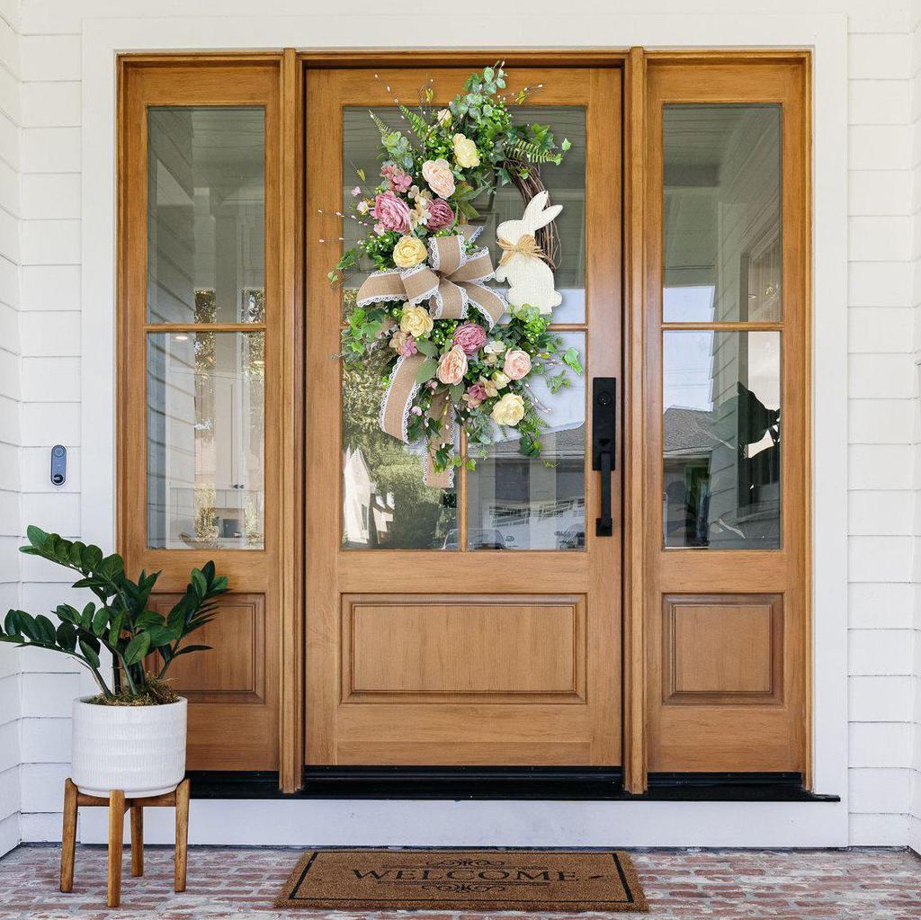 New Easter Wreath with Green Plants, Bowknot, and Rabbit Wall Decor