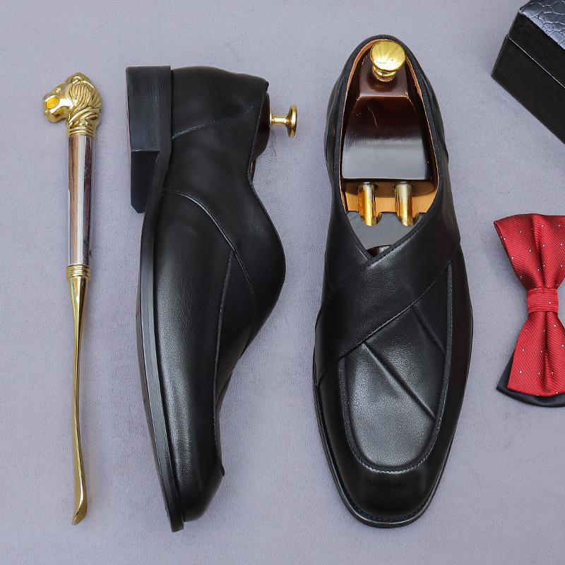 Sapatos Sociais Masculinos Moda Europeia Retrô Sapatos Loafer de Couro Genuíno Cinza Casuais para Negócios Festa Formais para Homens