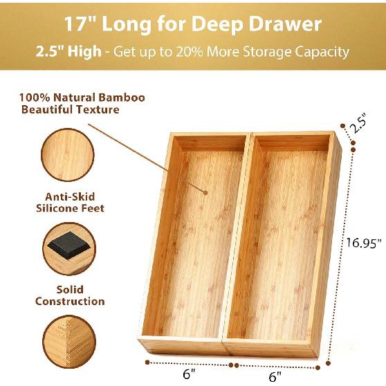 Umilife Bamboo Kitchen Utensils Organizer, Extra Long High Silverware Drawer Holder, Flatware Cutlery Storage Box, Multi-Use Drawer Divider in