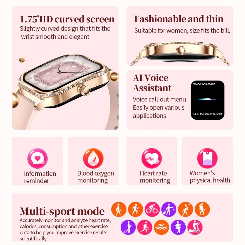 2025 Ny Mote Smart 1.75" HD Skjerm Klokke Kvinner AMOLED Buet Skjerm IP68 Vanntett Helse Anrop Smartklokke Apple Watch Damer for Dame Gave