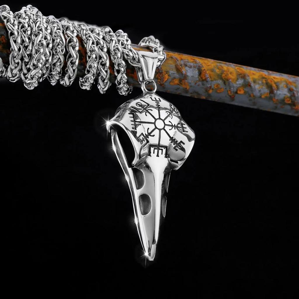 Severský Odin Vraní Lebka Přívěsek Náhrdelník Gotická Nerezová Ocel Vraní Lebka Kompas Runový Náhrdelník pro Muže Punkové Šperky