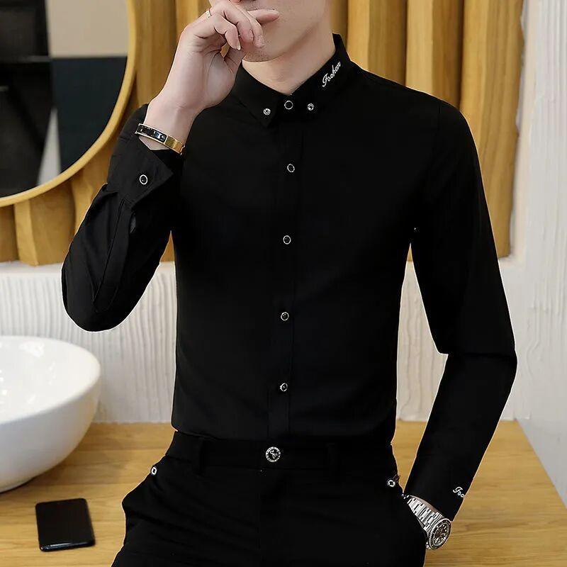 Men's Shirts Collar Five-pointed Star Embroidered Casual Business Dress Shirt Long-sleeved Versatile Men's Bottom Tops