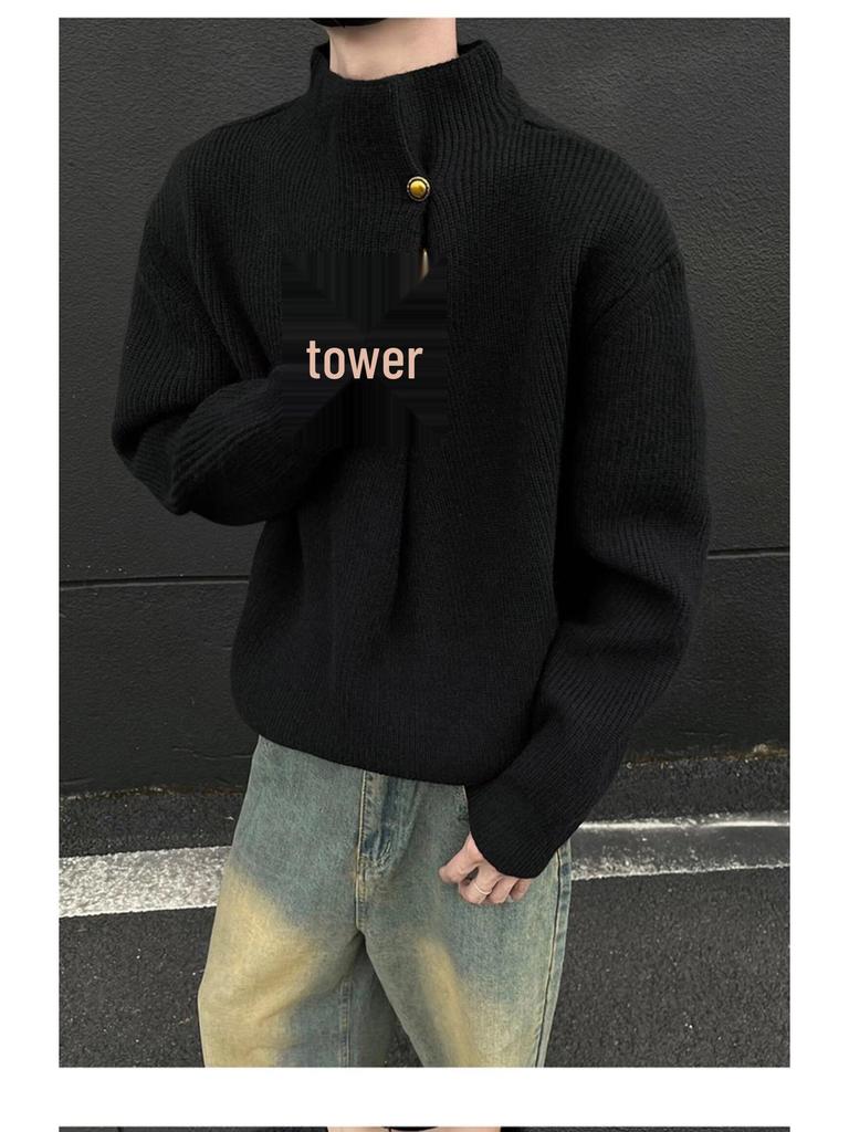 Men's Korean Style High Neck Sweater with Irregular Button Design – Trendy Oversized Knitwear