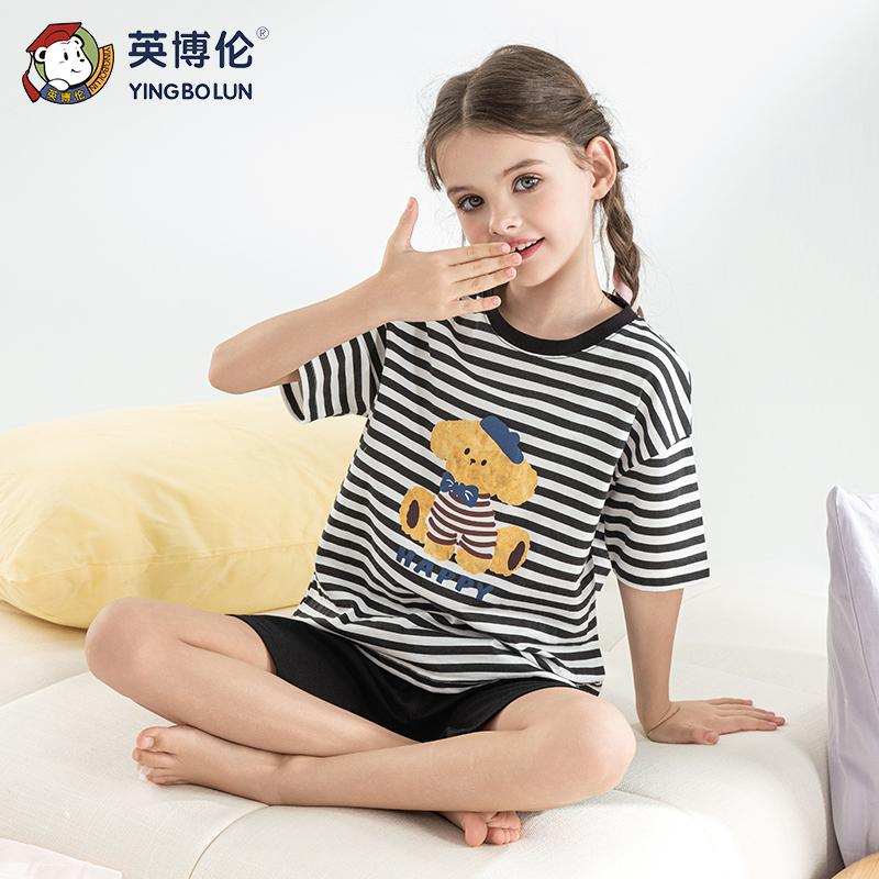 Yingbolun Summer Girls' Cotton Short Sleeved Shorts Set Girls' Home Clothes Girls' Big Girls' Pajamas