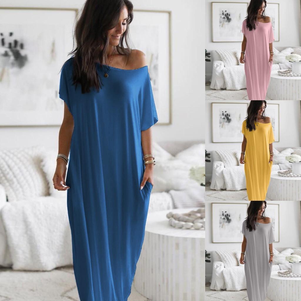 

Women s Loose Daily Short Sleeve Pocket Casual Inclined Shoulder Maxi Dress