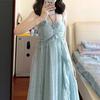 Coffee Break French Seaside Vacation Beach Blue Suspender Dress Women's Summer High-end Temperament Waist Long Skirt