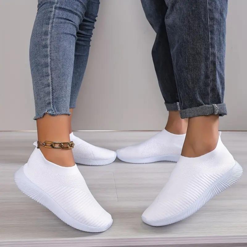 Fashion Womens Shoes Knitting Sock Sneakers Women Flat Black Casual Breathable Comfortable Slip on Flats Walking Shoes for Men White