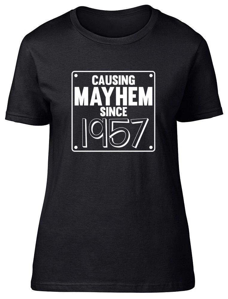 Womens Ladies Causing Mayhem since 1957 Birthday Fitted T-Shirt L