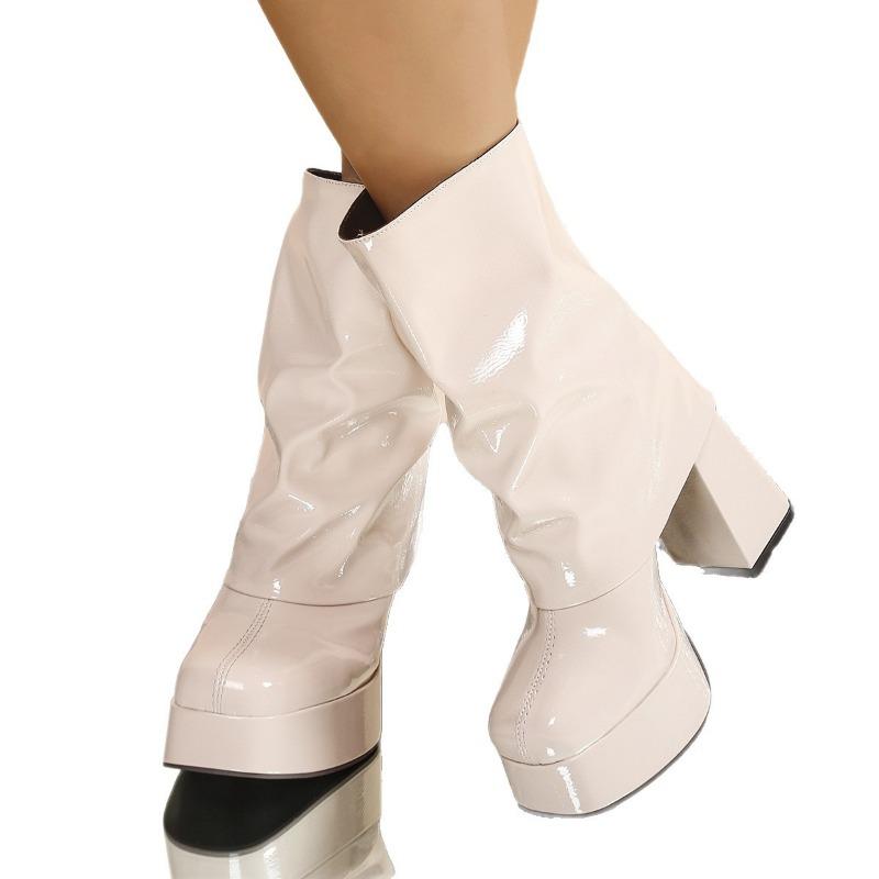 thick-soled thick-heeled short boots women's autumn new fashion foot-fitting thin boots patent leather super high-heeled Martin boots
