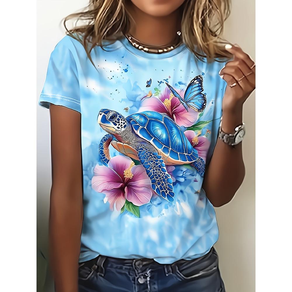 Light Blue Women s T-shirt - Blue Turtle and Hibiscus Pattern 2XS