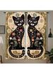 2pc Floral Painted Black Cat Curtains, Pastoral Art Style, Suitable for Bedrooms & Living Rooms, Rod Pocket Decorative Curtains