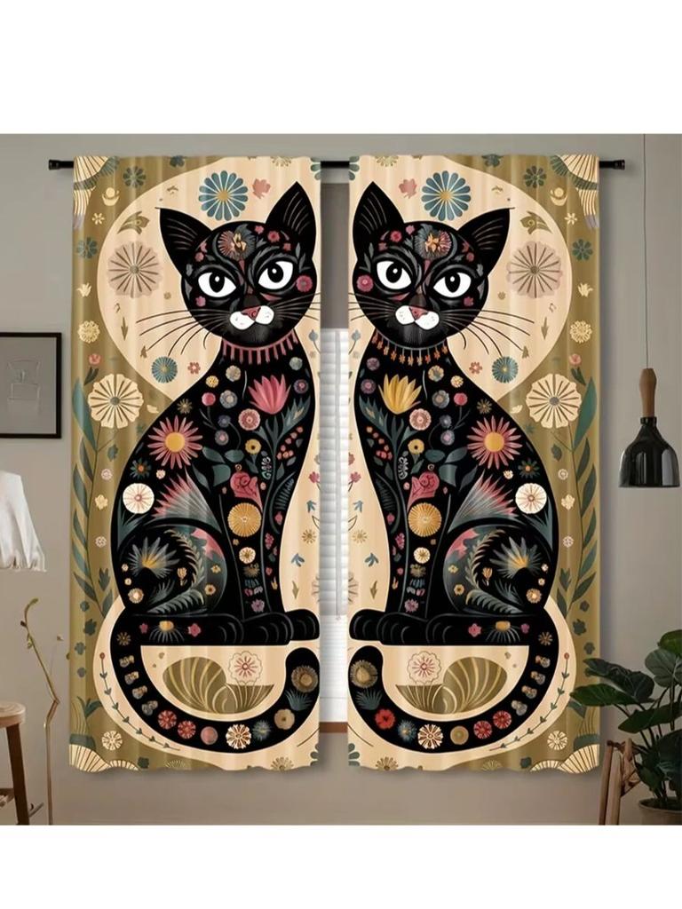 2pc Floral Painted Black Cat Curtains, Pastoral Art Style, Suitable for Bedrooms & Living Rooms, Rod Pocket Decorative Curtains