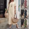Summer Cotton and Linen Solid Color Loose Round Neck Short-sleeved Dress Women's Split Long Skirt