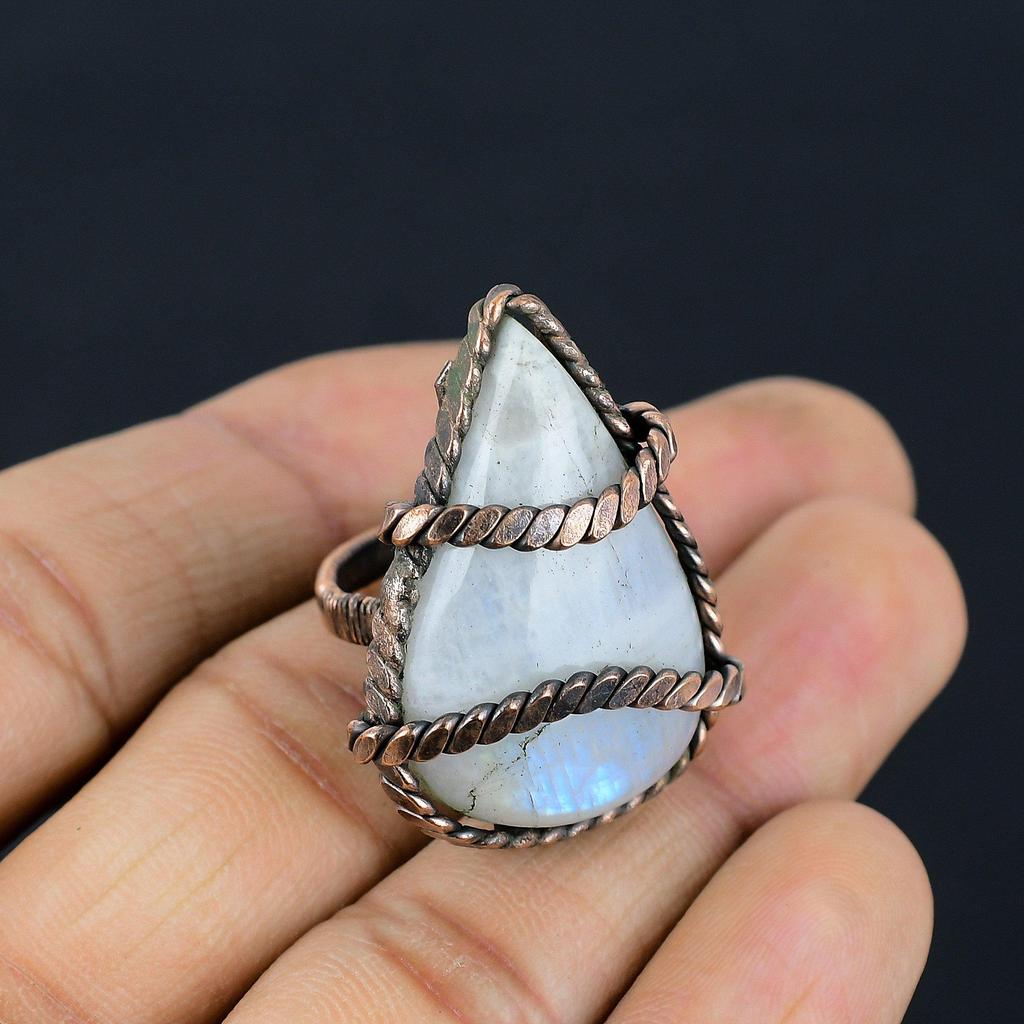 Moonstone Gemstone Copper Wire Wrapped Handmade Jewelry Ring All Size For Woman