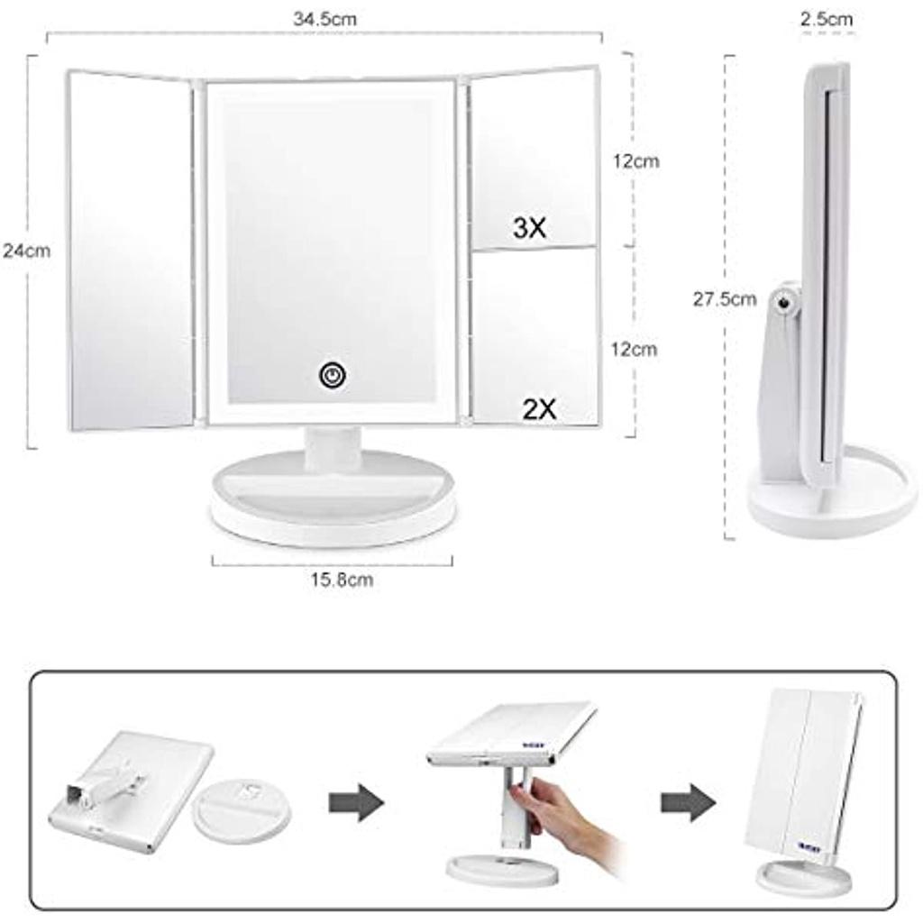 Make-up-Spiegel, Kosmetikspiegel, 36 LED dimmbar, drei Spiegelvergrößerungen 1x, 2x, 3x, 180 ° einstellbare Drehung, doppelte Stromversorgung, Kosmetikspiegel