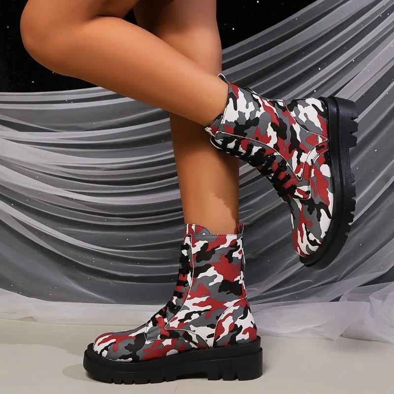 Fashion Plus Size Platform Modern Boots 2024 Shoes Female Ankle Women's Boots Women Mixed Colors Round Toe Med Heel Lace-up Shoes Women
