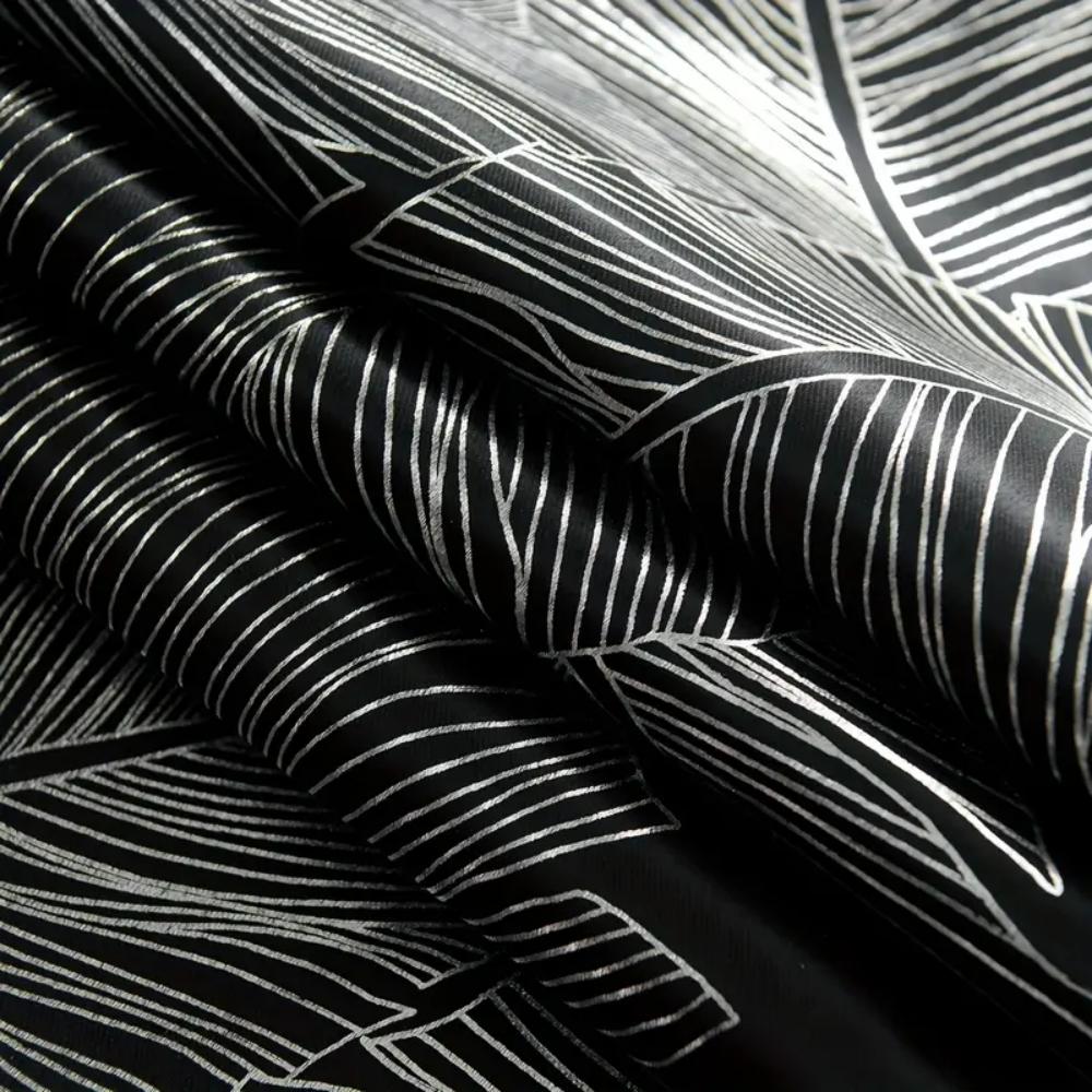 Single Layer Blackout Curtain with Leaf Pattern Print, High Precision Silver Color Drapes, Premium Light Blocking Fabric for Hom