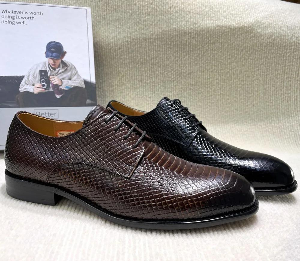 Fashion Classic Men's Genuine Leather Formal Shoes Round Toe Derby Handmade Lace-up Wedding Business Office Dress Shoes