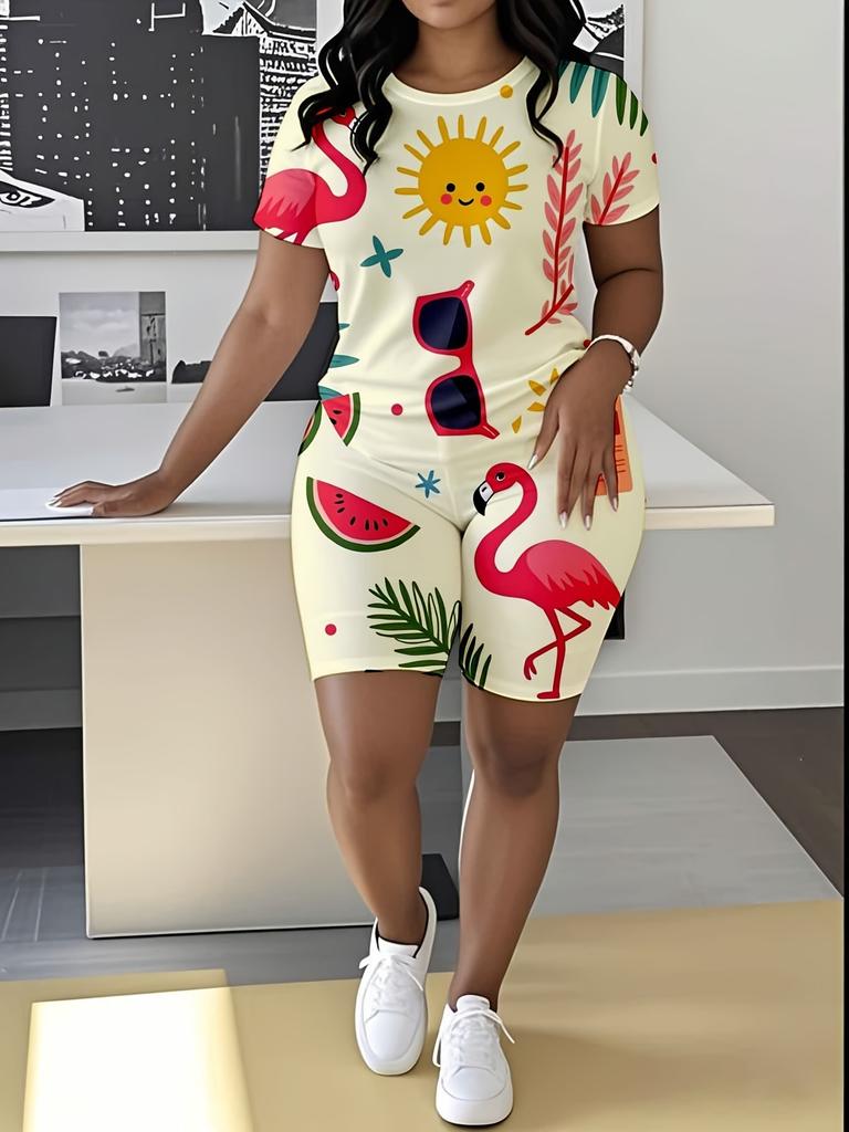 Butterfly Ladies Casual Suit Short Sleeve Shorts 1D Digital Flower Printing Fashion T-Shirt Two-piece Set