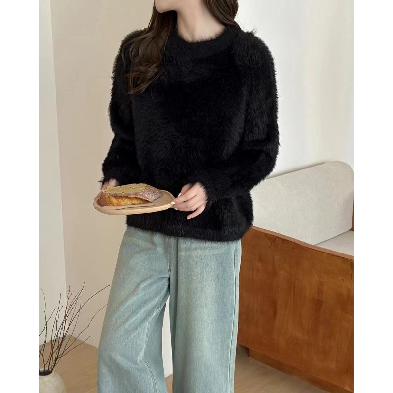 Gentle wind lazy soft waxy imitation mink fleece sweater women's pullover loose niche design sense autumn and winter temperament small man