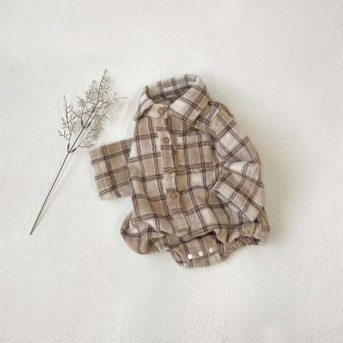 

Unisex Baby Plaid Wool Jumpsuit with Shirt Collar and Snap Crotch for Autumn and Winter 90 cm