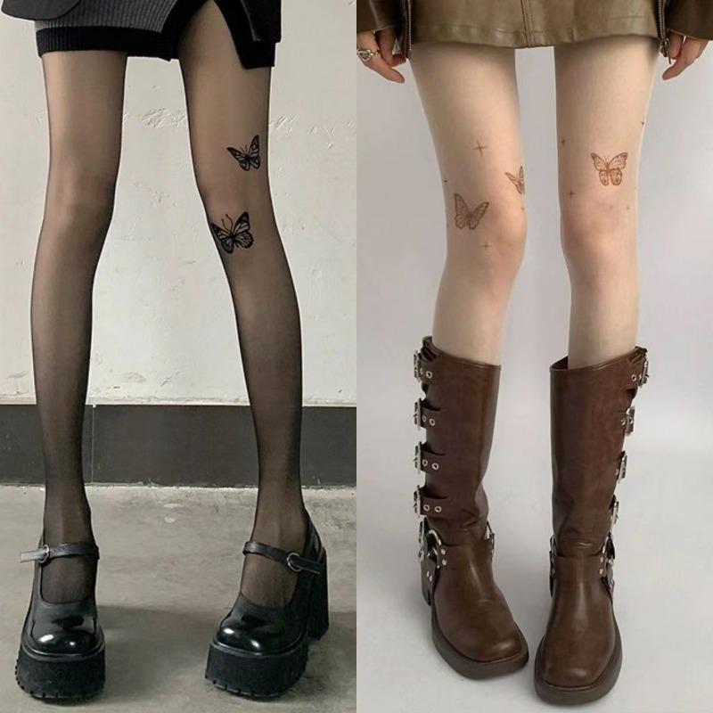 Y2K Butterfly Print Transparent Silk Pantyhose For Women Vintage Ultra-Thin High Stockings Nylon Tights Legging Lolita Girl Scok